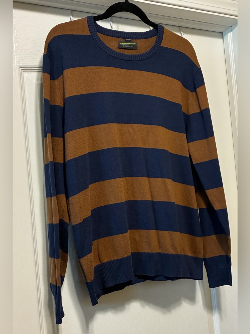 John Bartlett Consensus Adult L Striped Knit Classic Crewneck Sweater Navy Brown